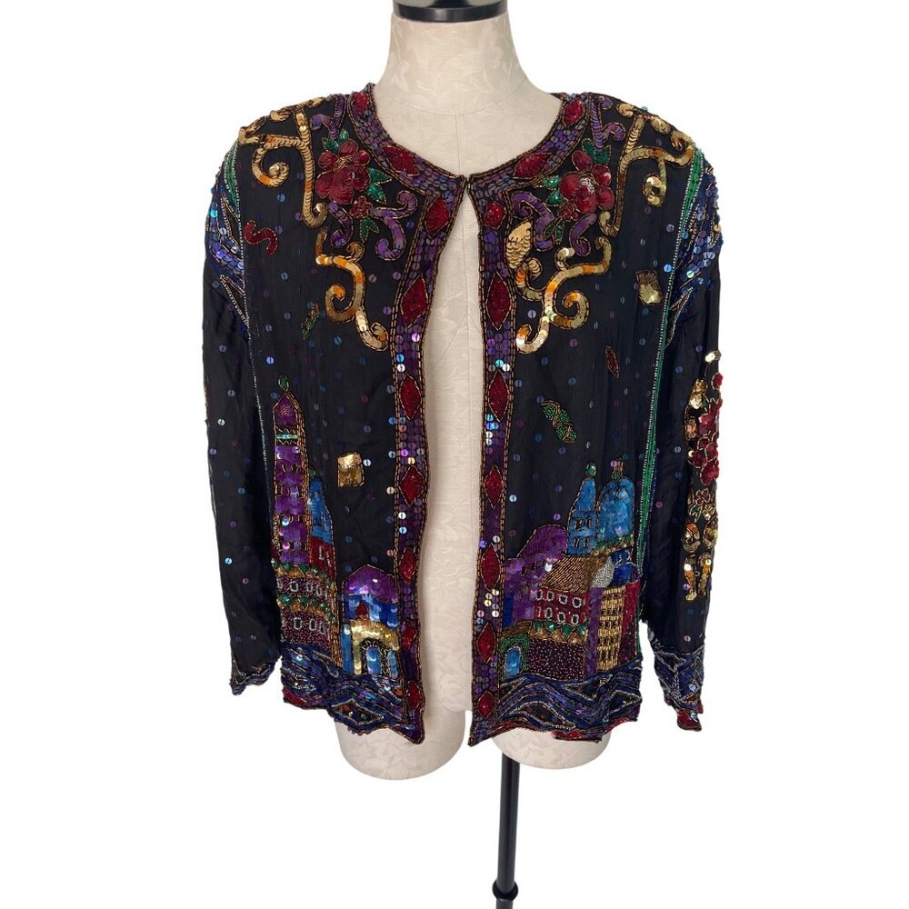 Together Vintage Womens Jacket Size 2X Black Sequin Long Sleeve Pure Silk